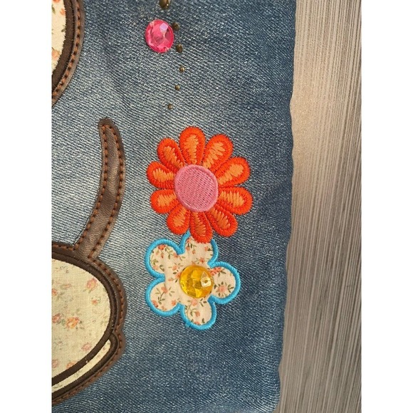 Walt Disney World Mickey Mouse Denim Embroidery Flowers Button Large Tote Purse - Picture 4 of 10